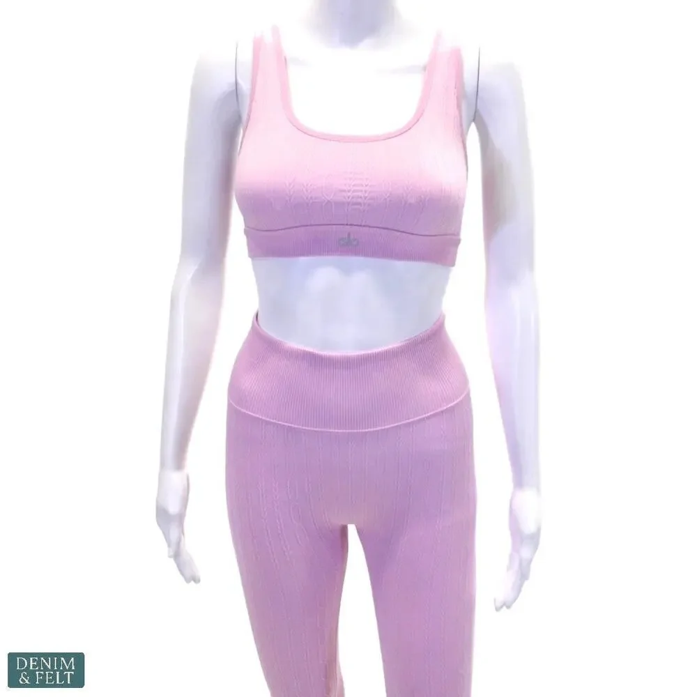 Alo Yoga‎ Seamless Cable Knit Bra & High-Waist Legging Set Sugarplum Pink Small